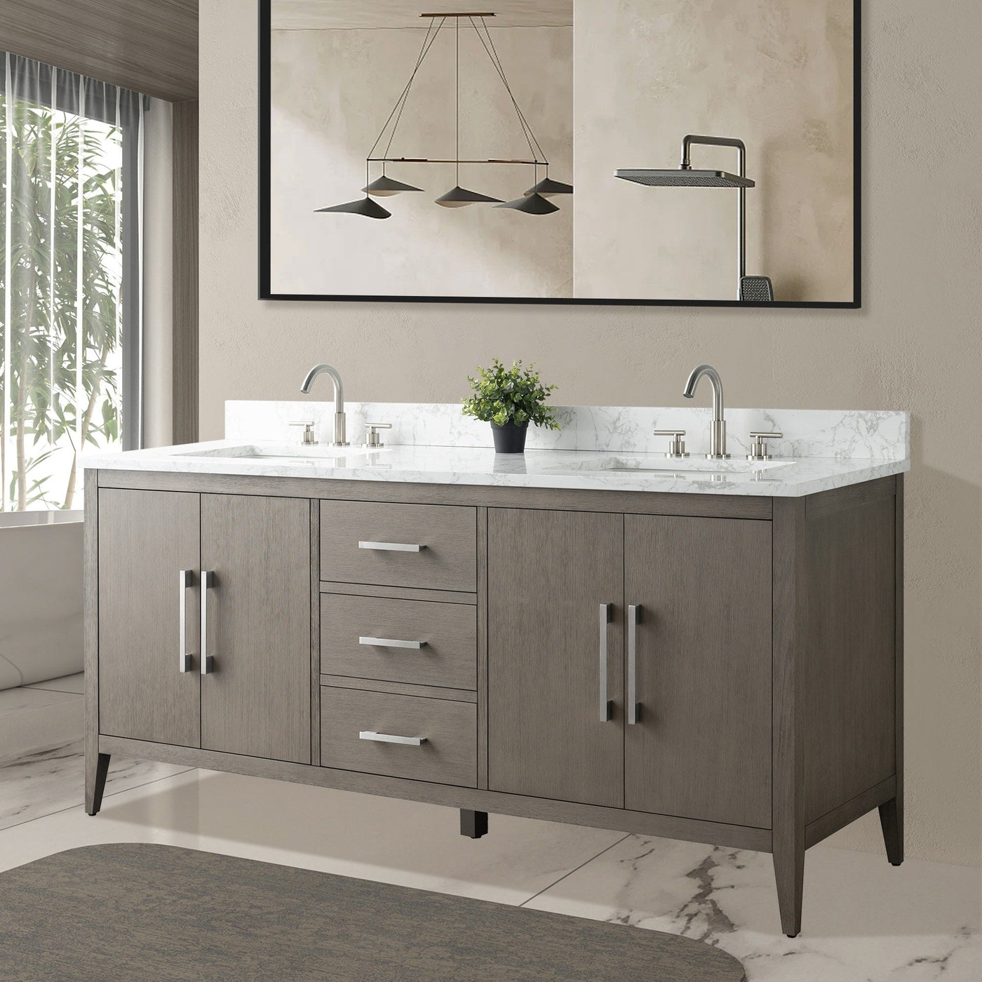 Vanity Art 72 Double Sink Bathroom Vanity Cabinet with Engineered Marble Top