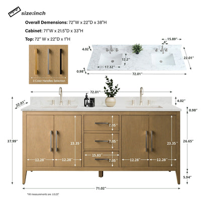 Vanity Art 72 Double Sink Bathroom Vanity Cabinet with Engineered Marble Top