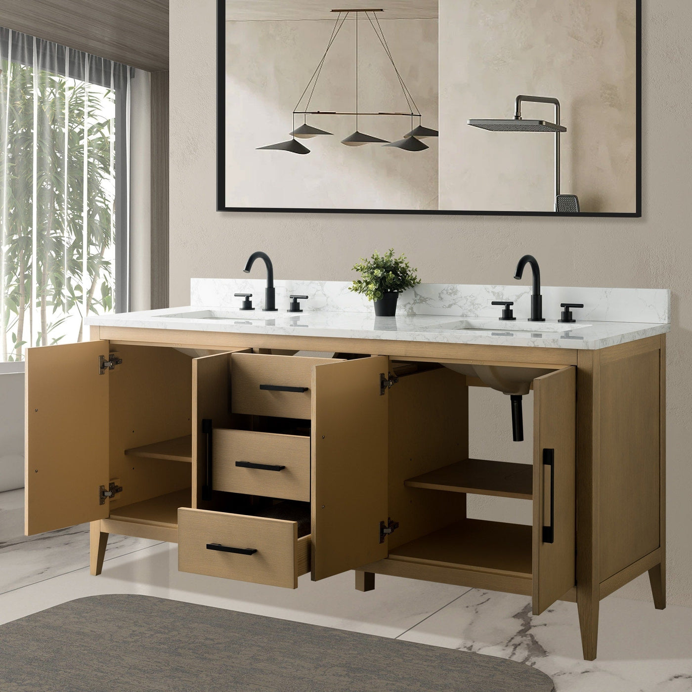 Vanity Art 72 Double Sink Bathroom Vanity Cabinet with Engineered Marble Top