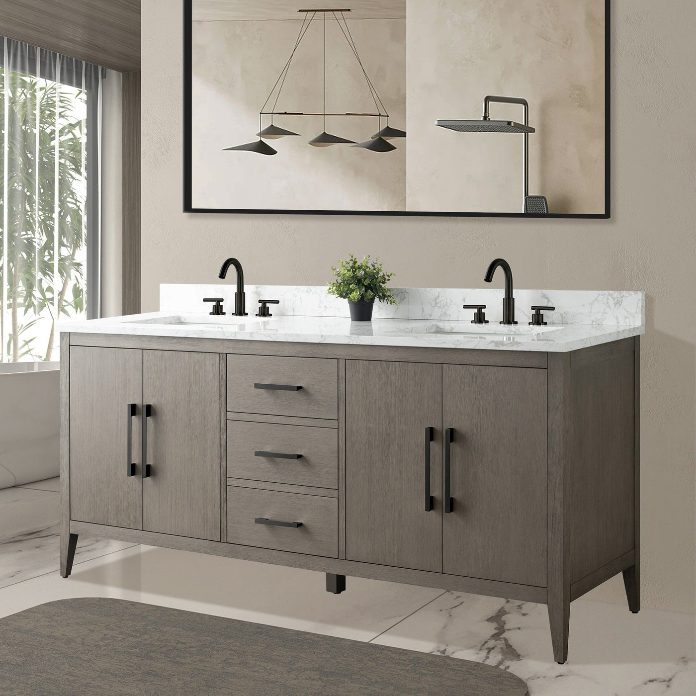 Vanity Art 72 Double Sink Bathroom Vanity Cabinet with Engineered Marble Top