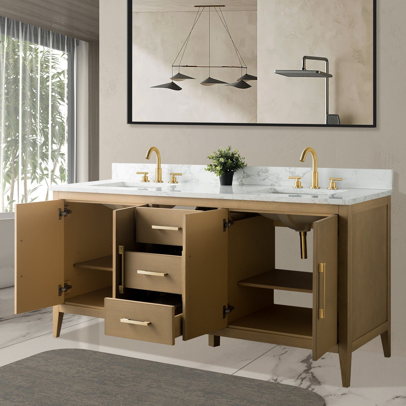Vanity Art 72 Double Sink Bathroom Vanity Cabinet with Engineered Marble Top