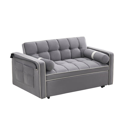 Velvet Convertible 55'' 2-Seater Sleeper Sofa with Pull-Out Bed, Adjustable Recline, Side Pockets, and Phone Holder