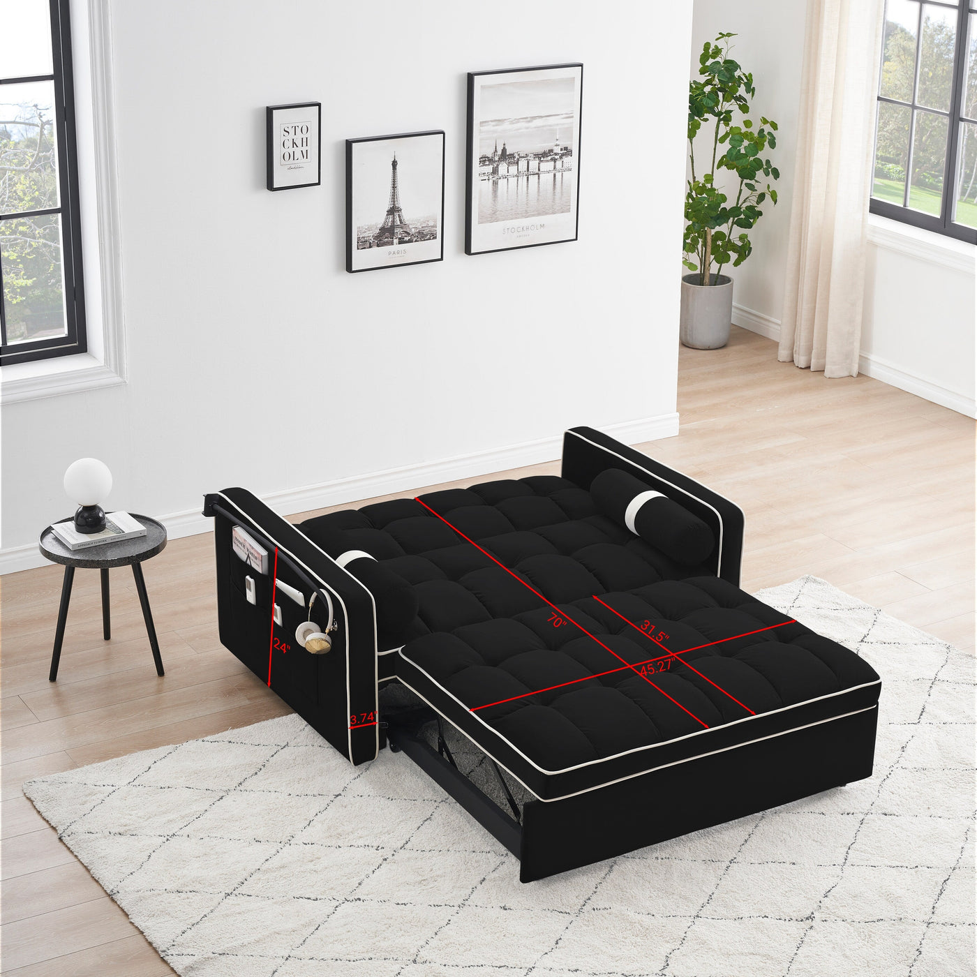 Velvet Convertible 55'' 2-Seater Sleeper Sofa with Pull-Out Bed, Adjustable Recline, Side Pockets, and Phone Holder