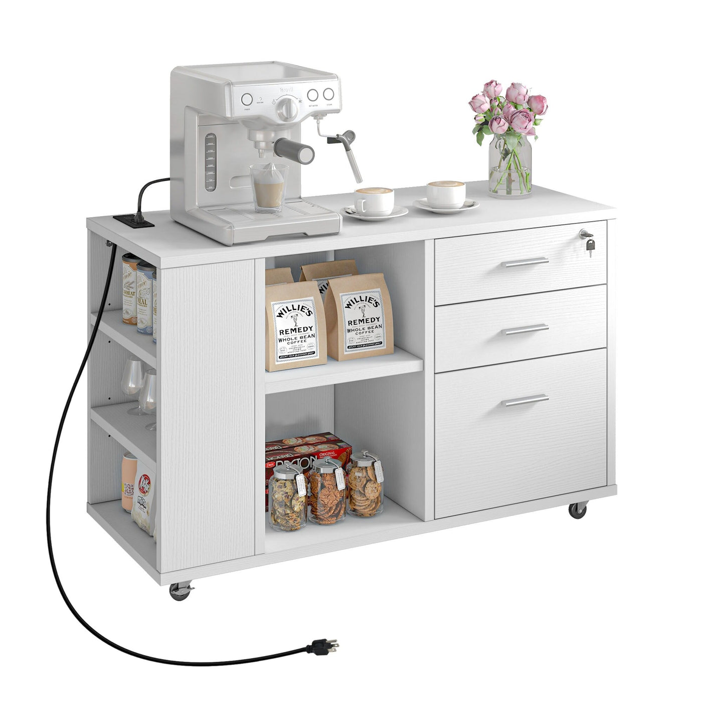 Wood File Cabinet with Charging Station Mobile Lateral Filing Cabinet Lockable Fits A4 Letter Legal Size Files