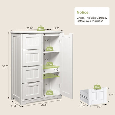 Bathroom Floor Storage Cabinet, Free-Standing Floor Storage Cabinet with 4 Draws and Adjustable Shelf