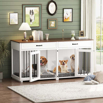 Wooden Double Dog Crate Kennel Furniture with 2 Drawers & Divider