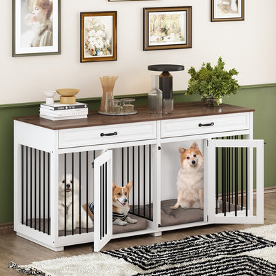 Wooden Double Dog Crate Kennel Furniture with 2 Drawers & Divider