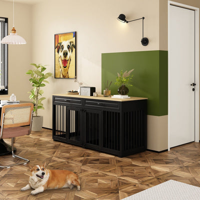 Wooden Double Dog Crate Kennel Furniture with 2 Drawers & Divider