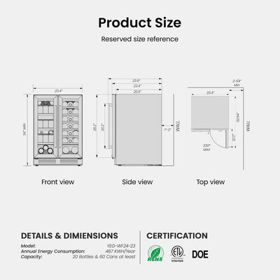 24 Inch Wine/Beverage Refrigerator Cooler, 20 Bottle/60 Can DUAL ZONE Fridge - 24 inch